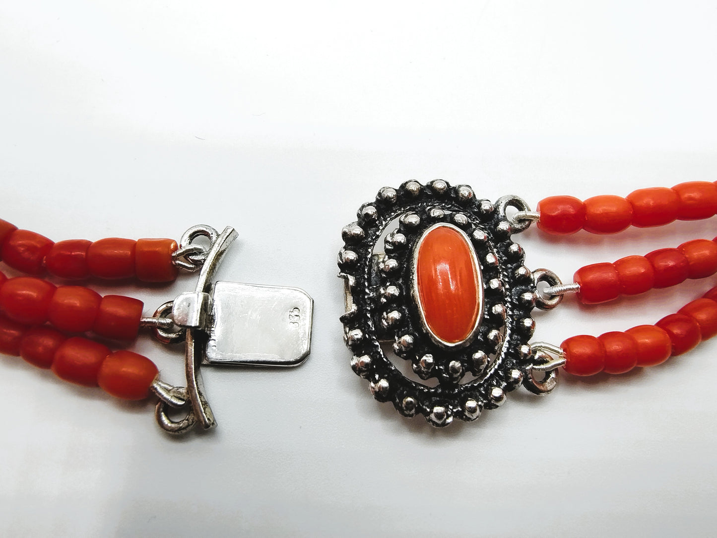 Blood coral necklace with silver clasp, 38 cm