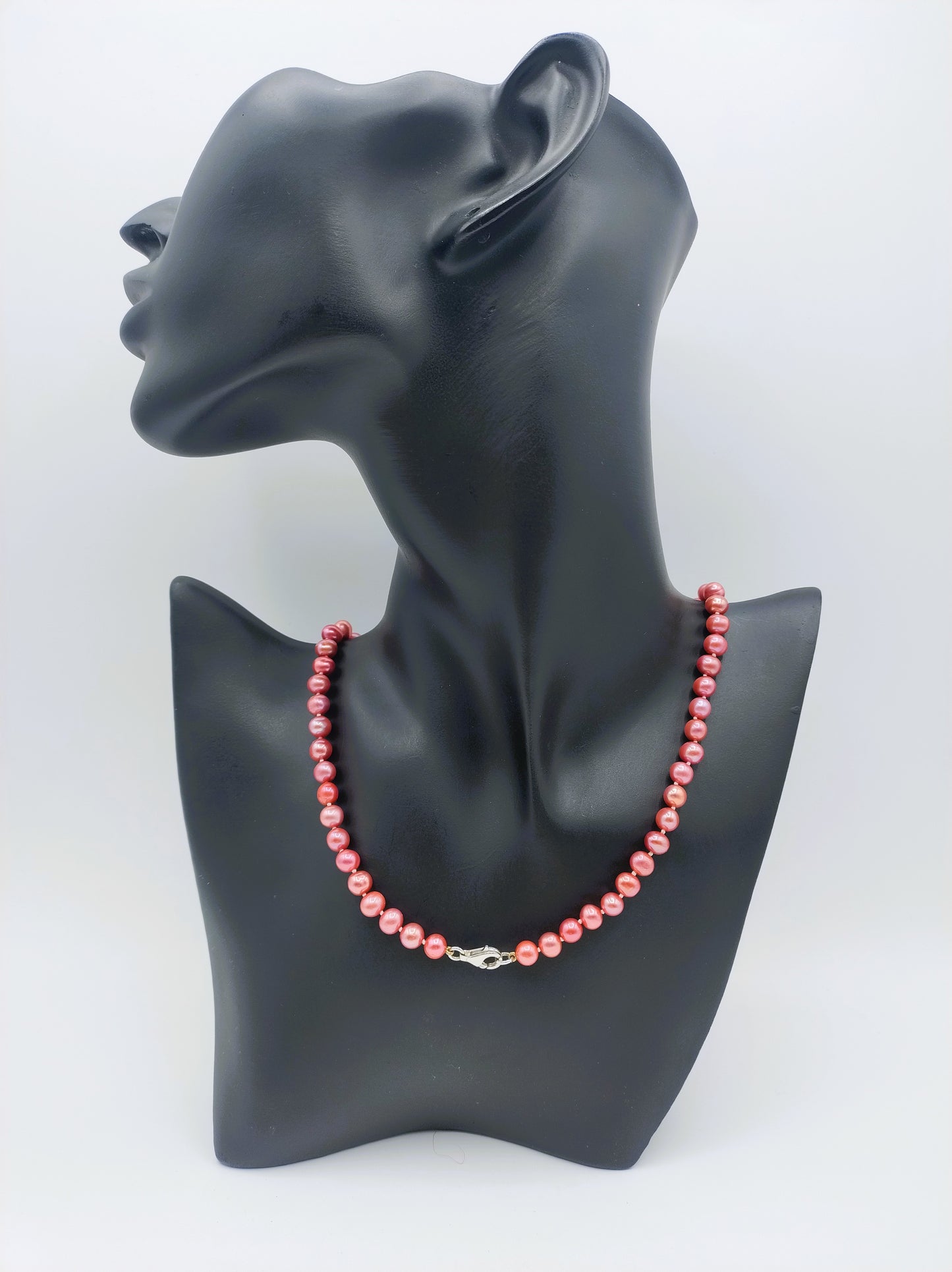 Pearl necklace with pink pearls and silver clasp, 45.5 cm