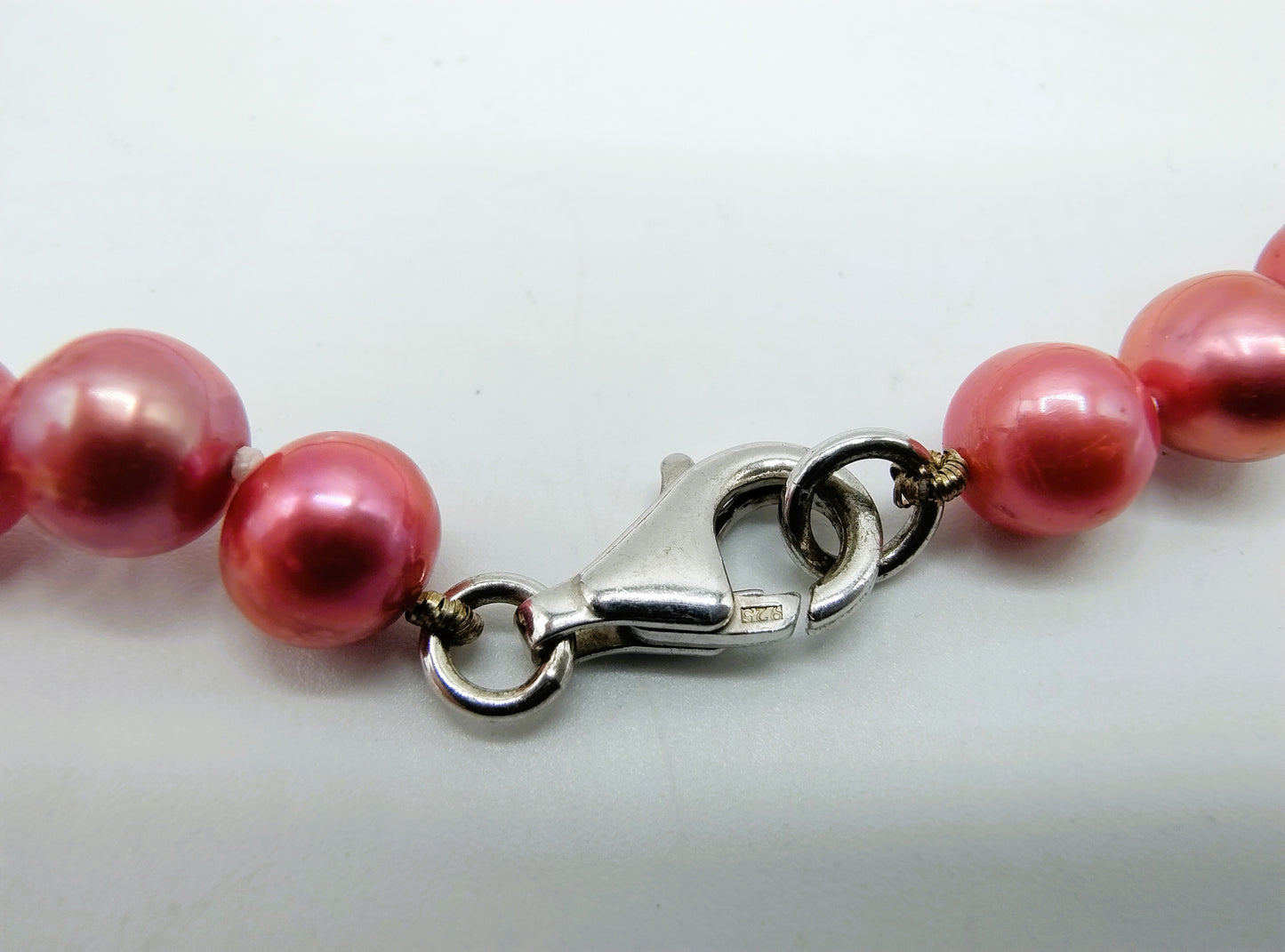 Pearl necklace with pink pearls and silver clasp, 45.5 cm