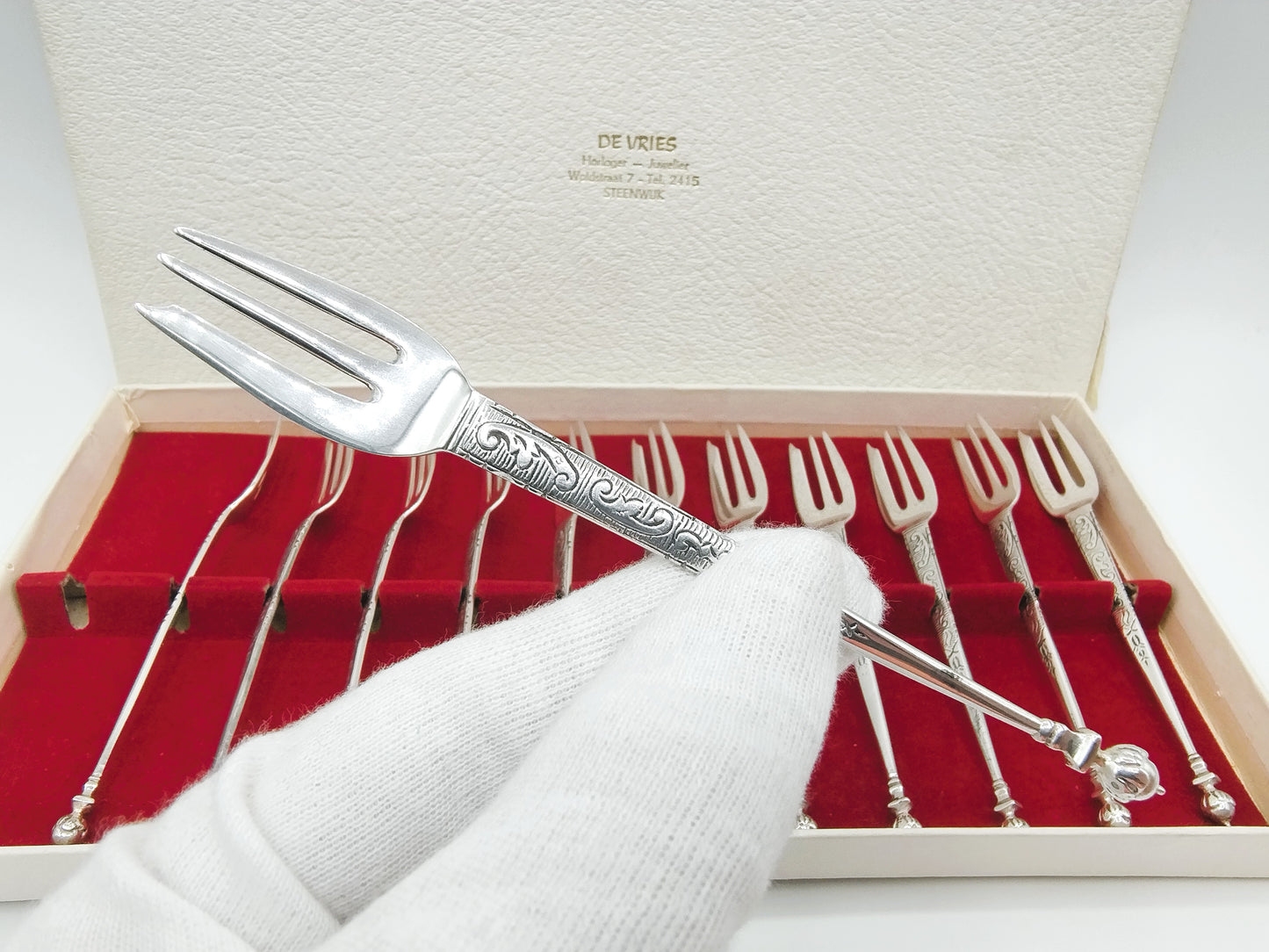 12-Delige taartvorken set in cassette, Bijkamp & Co, Steenwijk, ca. 1960.