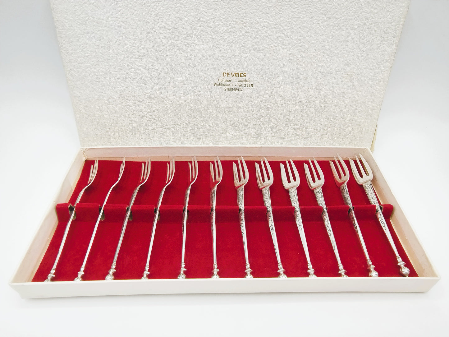 12-Delige taartvorken set in cassette, Bijkamp & Co, Steenwijk, ca. 1960.
