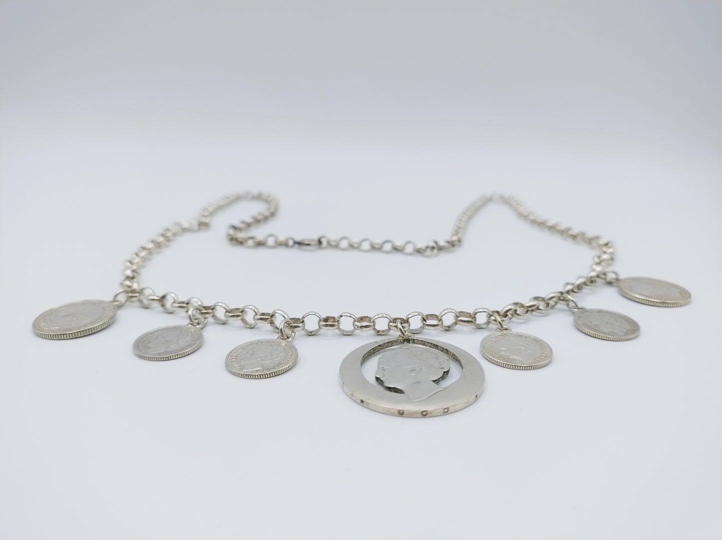 Zilveren jasseronketting met wilhemina munten, 77 cm