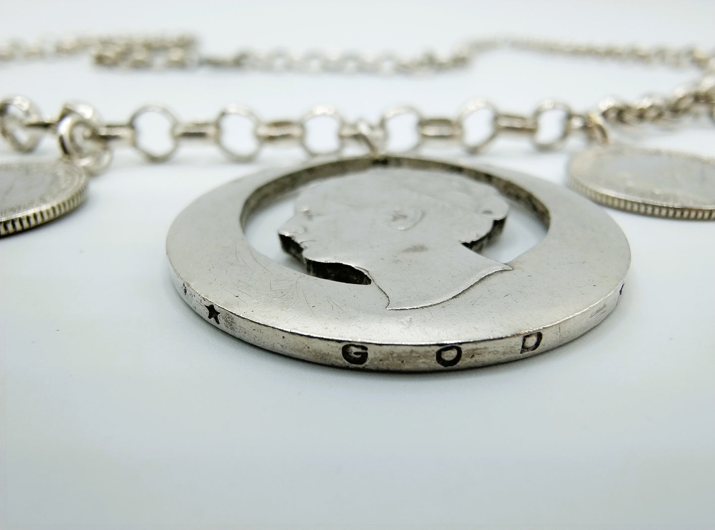 Zilveren jasseronketting met wilhemina munten, 77 cm