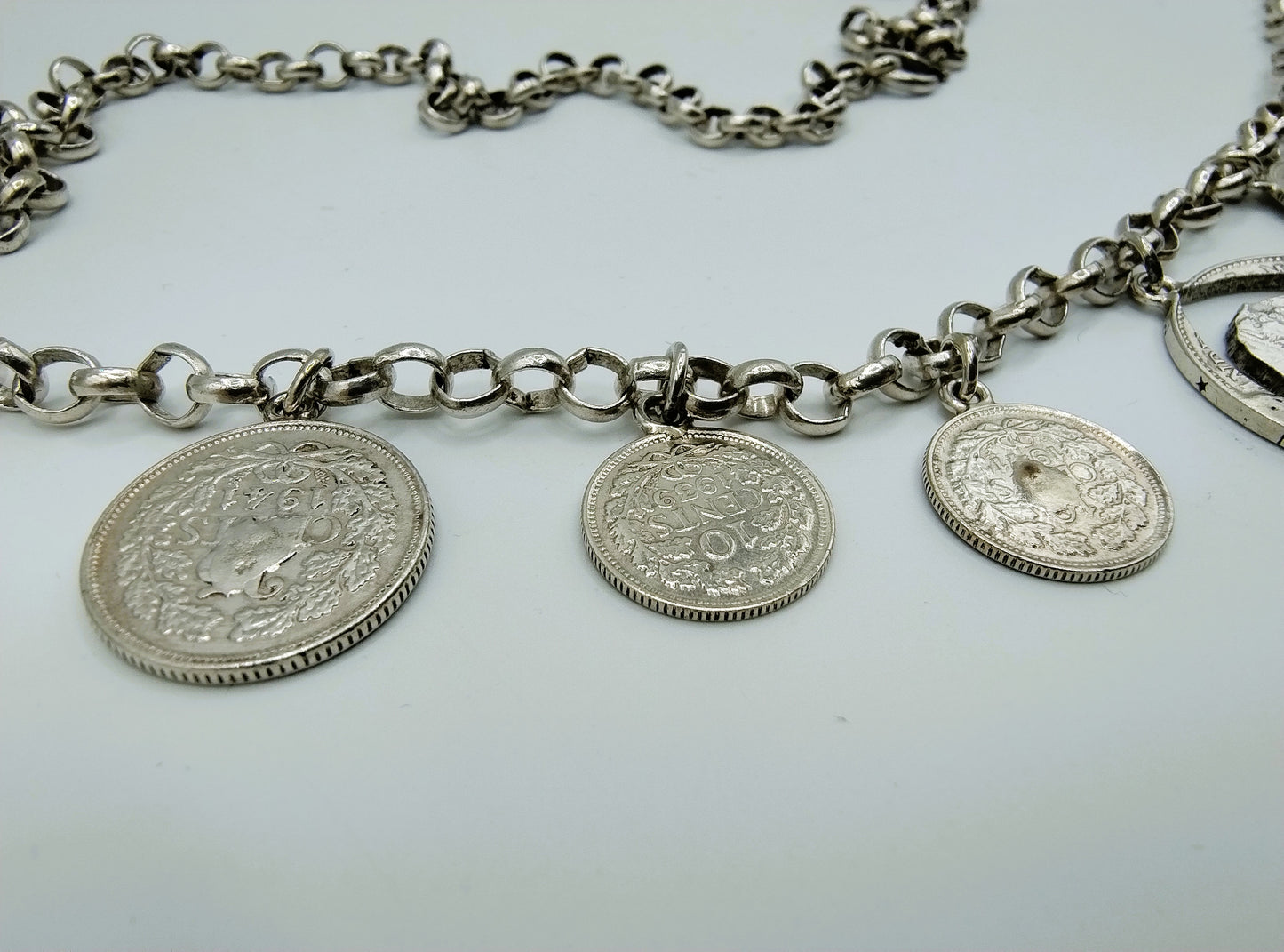 Zilveren jasseronketting met wilhemina munten, 77 cm