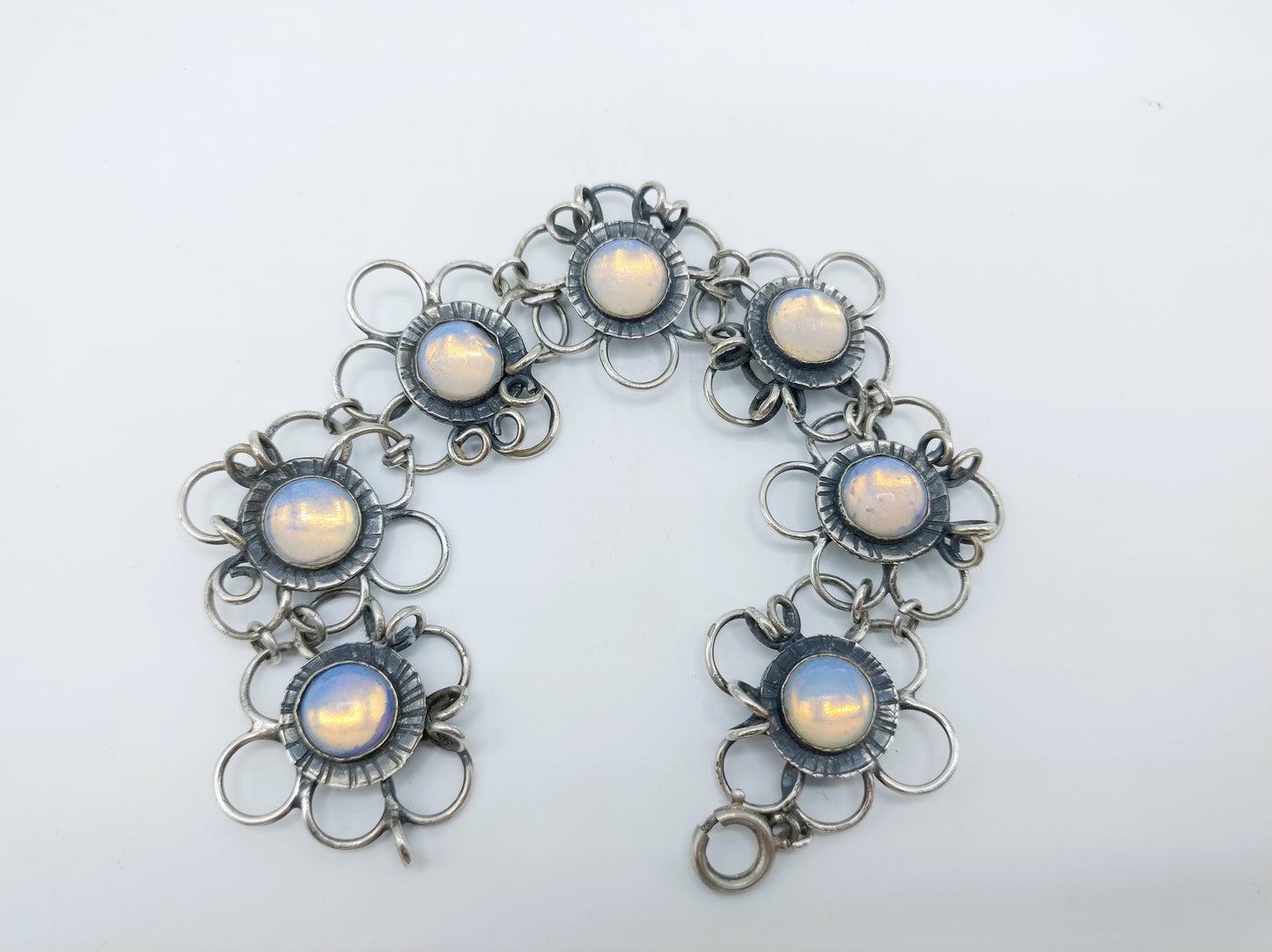 Zilveren vintage armband met maansteen, 19,5 cm.