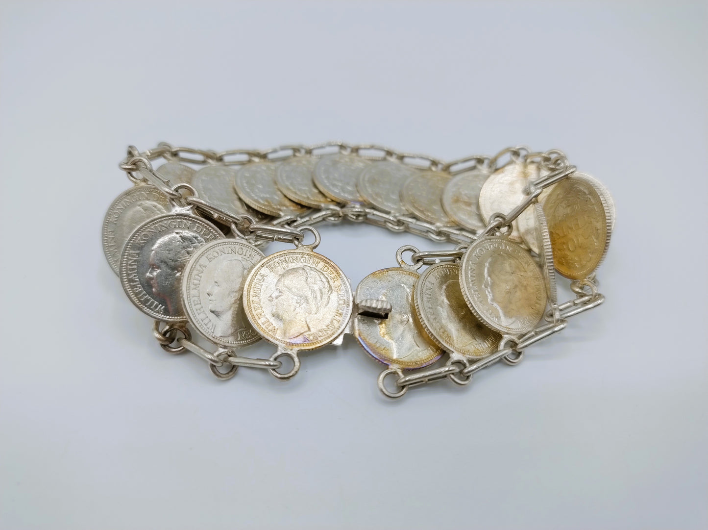 Zilveren dubbeltjes armband, Wilhelmina, 18 cm.