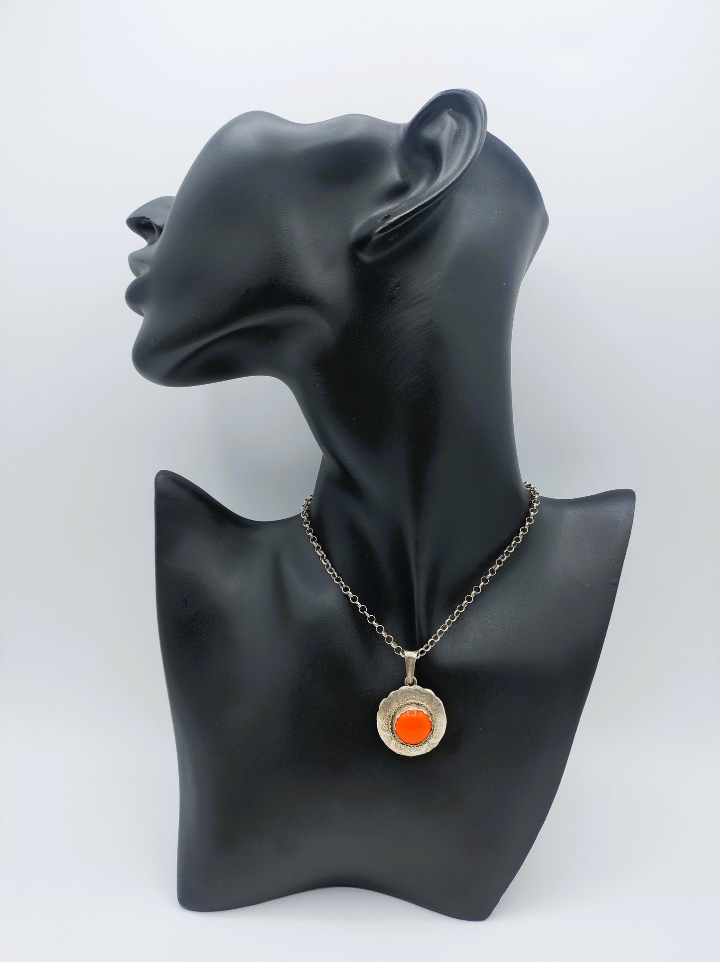 Zilveren jasseronketting met bloedkoralen hanger, 51 cm