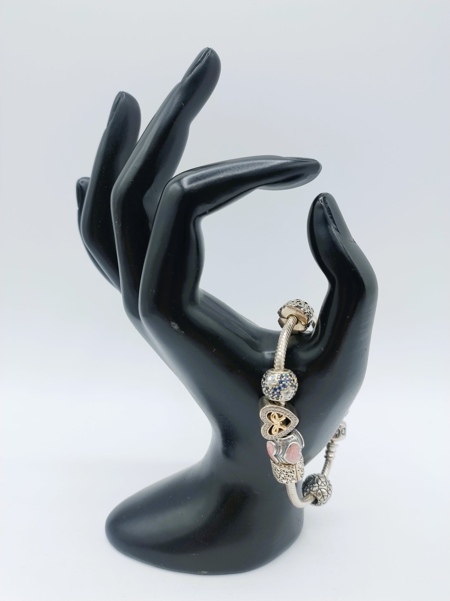 Zilveren pandora armband, 7 bedels, 18 cm