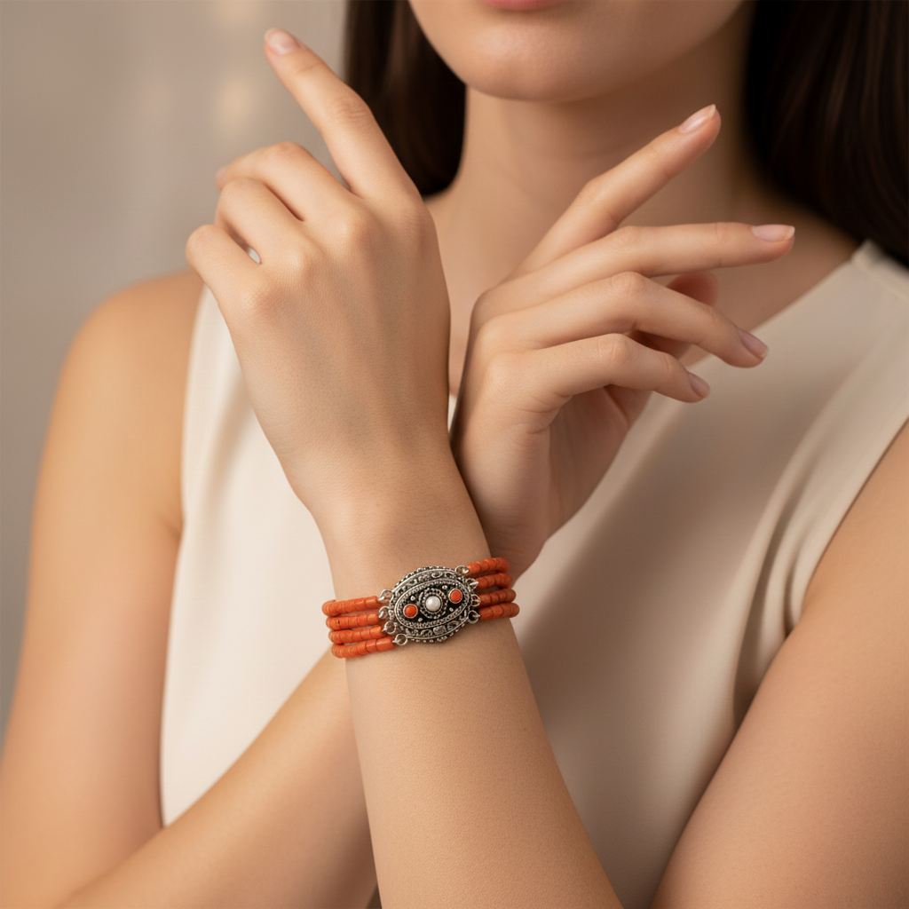 Blood coral bracelet with silver clasp and pearl, 19 cm