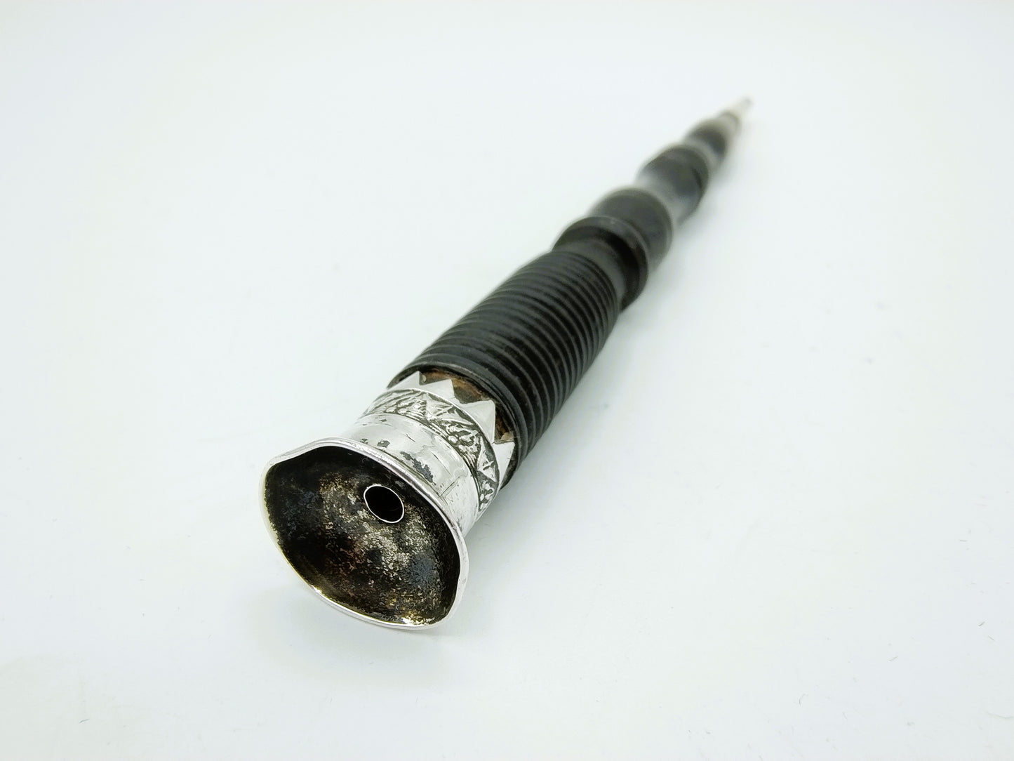 Ebony knitting needle holder with silver fittings, 19th century