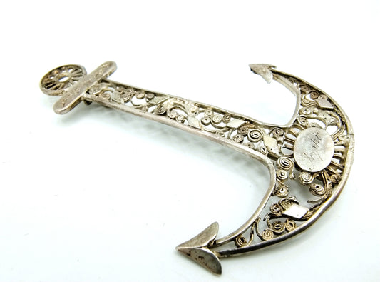 Silver filigree brooch, anchor, 835