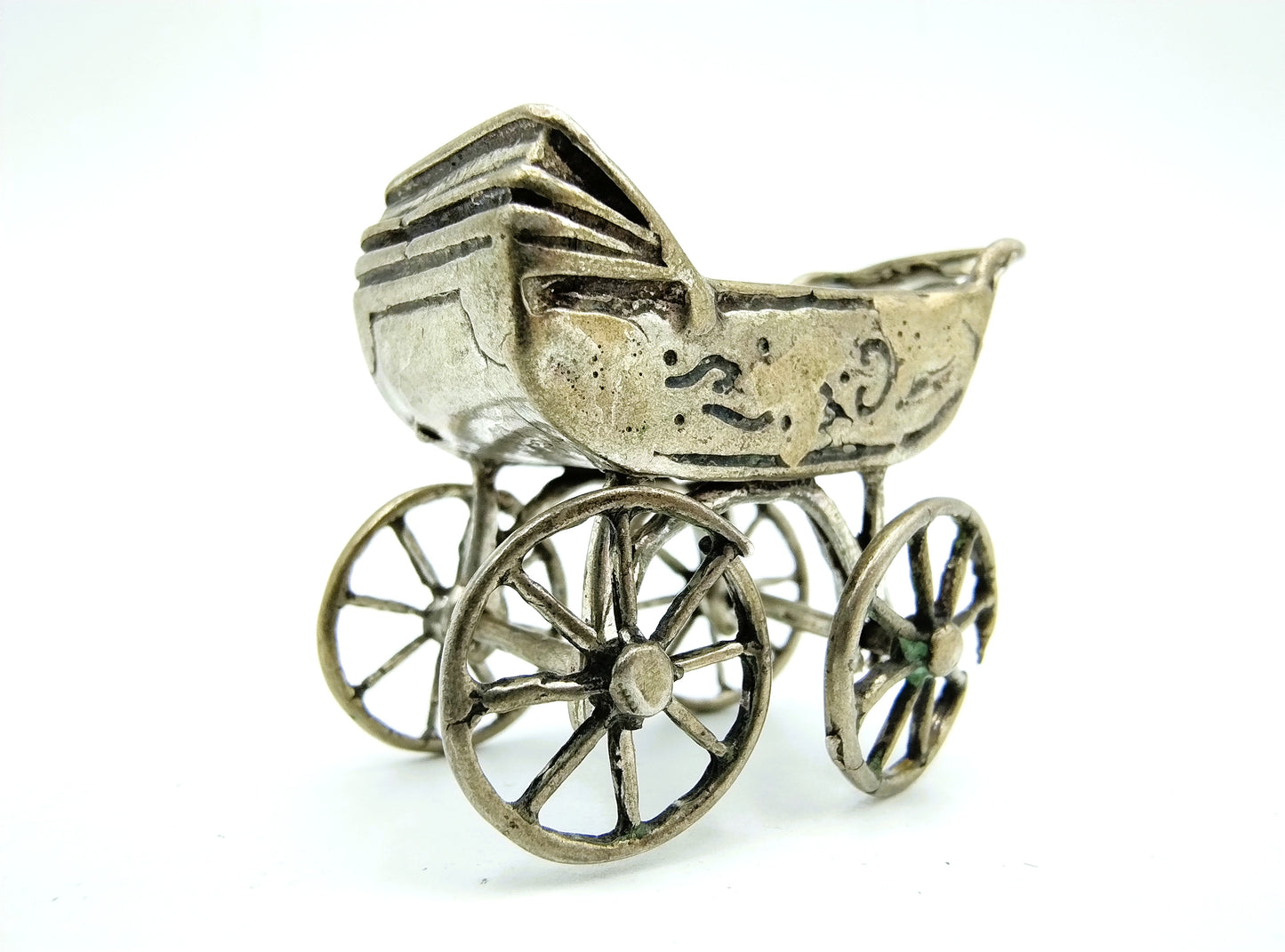 Silver miniature, pram, Italy, 800