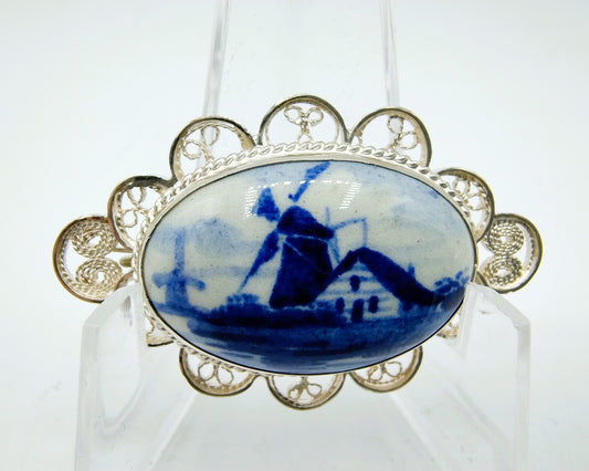 Zilveren broche, Delfts blauw, 835