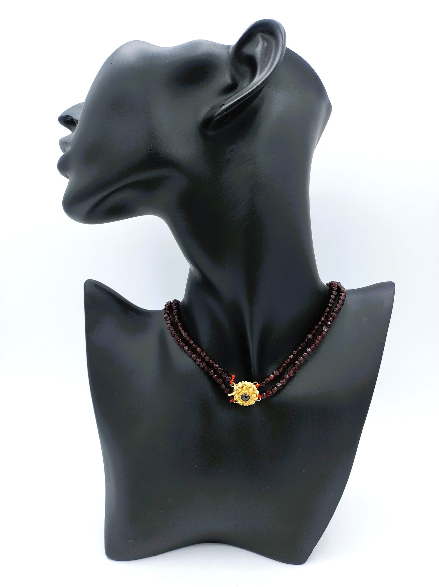 Glass garnet necklace with gold clasp, 20th century