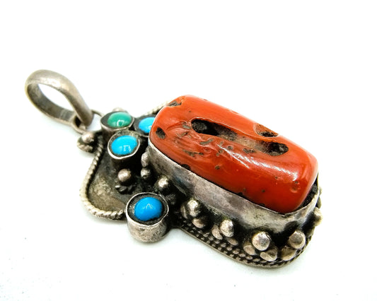 Silver Navajo pendant with turquoise and coral, 925