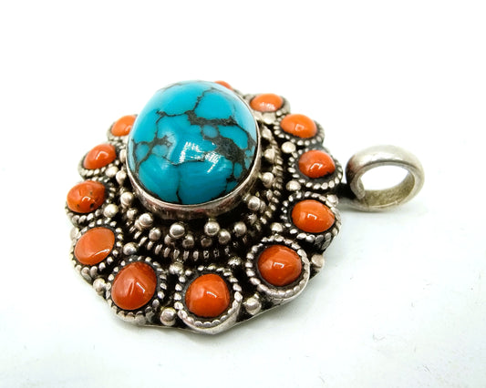 Silver Navajo pendant with coral and turquoise, 925