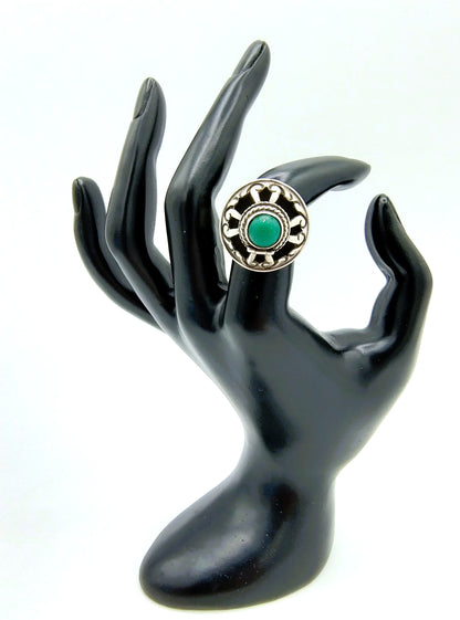 Mexican silver poison ring with green turquoise