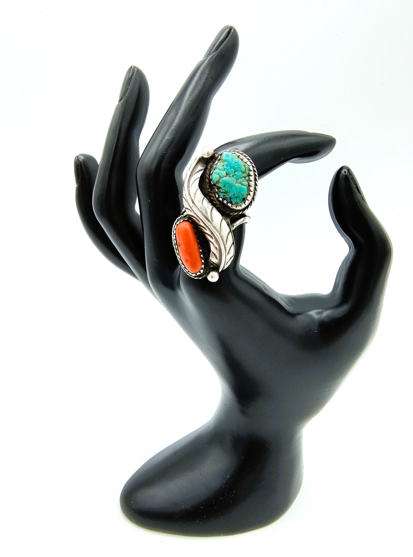 Navajo ring sterling silver, turquoise and coral, 19mm