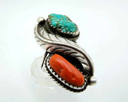 Navajo ring sterling silver, turquoise and coral, 19mm