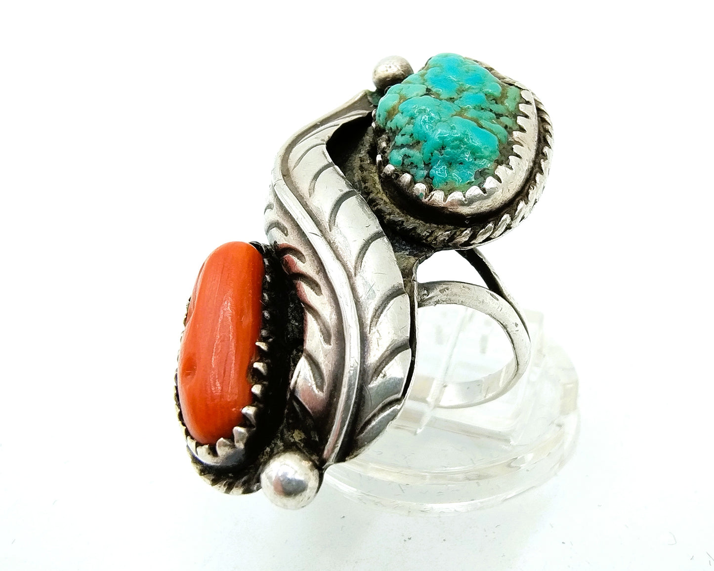 Navajo ring sterling silver, turquoise and coral, 19mm