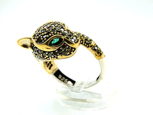 Silver panther ring with emerald and zirconia, 19 mm, bronze