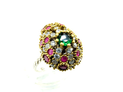 Silver Ottoman harem ring with emerald, ruby ​​and zirconia, 17mm