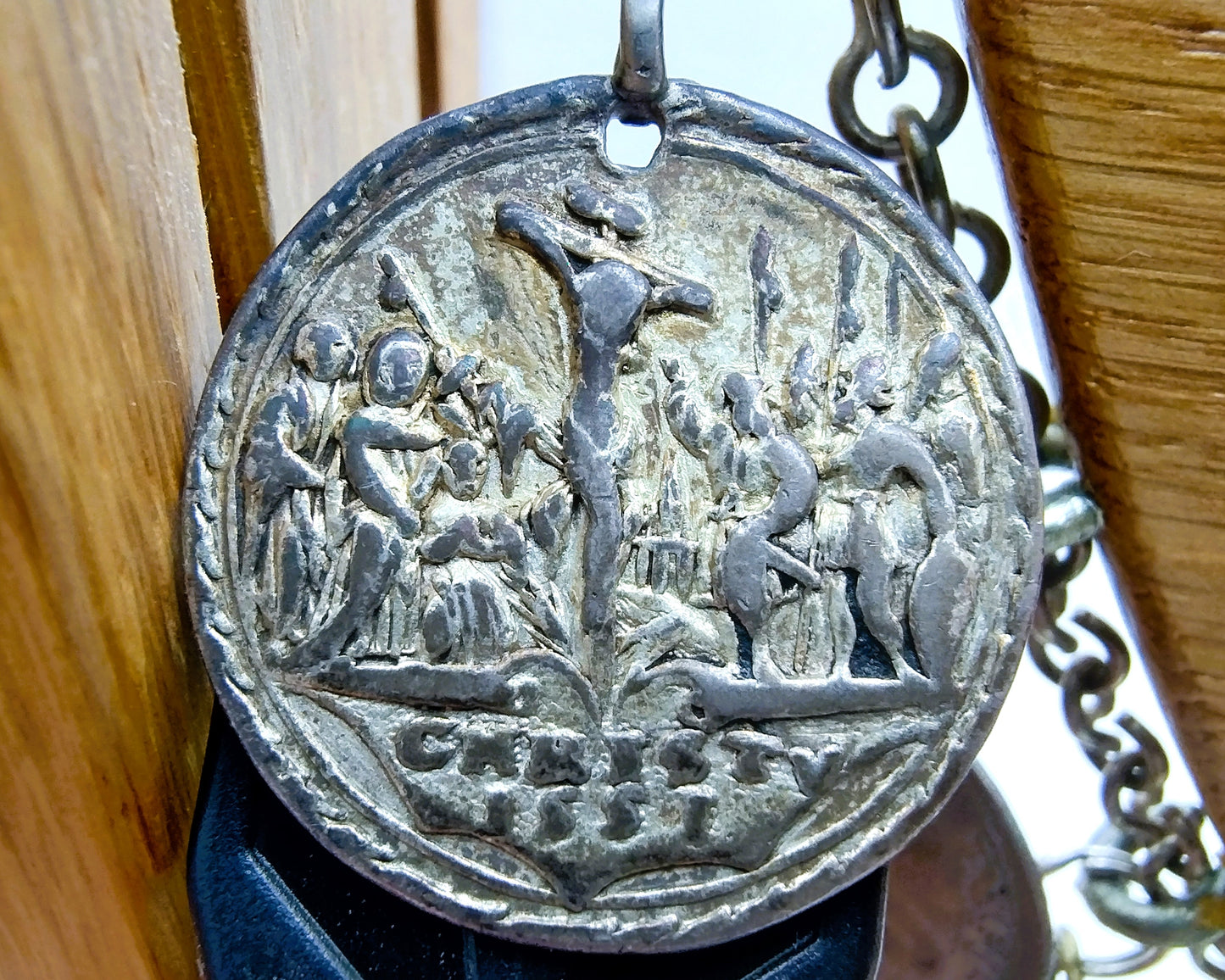 Display cabinet with 15 antique German coins, 16th to 19th century