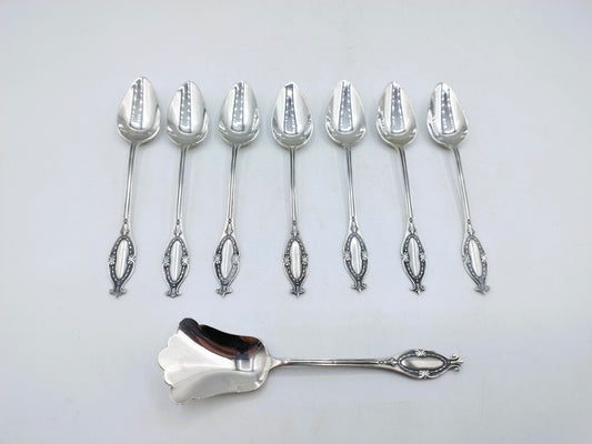 Set with silver teaspoons (7) and a sugar spoon, Zilverfabriek Voorschoten, 20th century