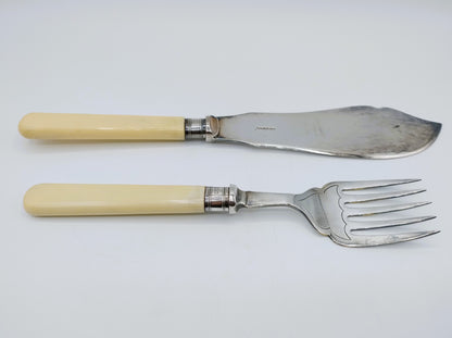 Fish cutlery with bone handles, silver / silver plated