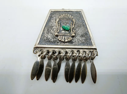 Silver brooch, raw emerald, Mayan design, 900