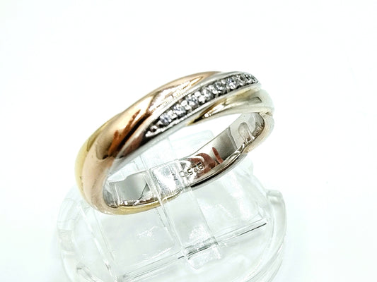 Silver tri-color ring with zirconia, 17 mm