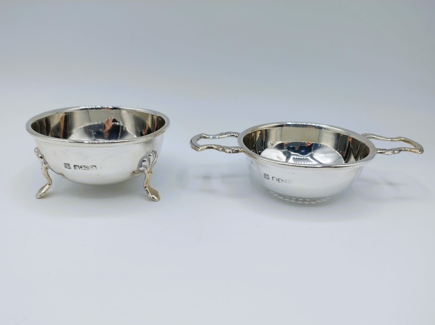 Silver tea strainer and drip tray, Barker Ellis Silver Co, Sheffield, 1979