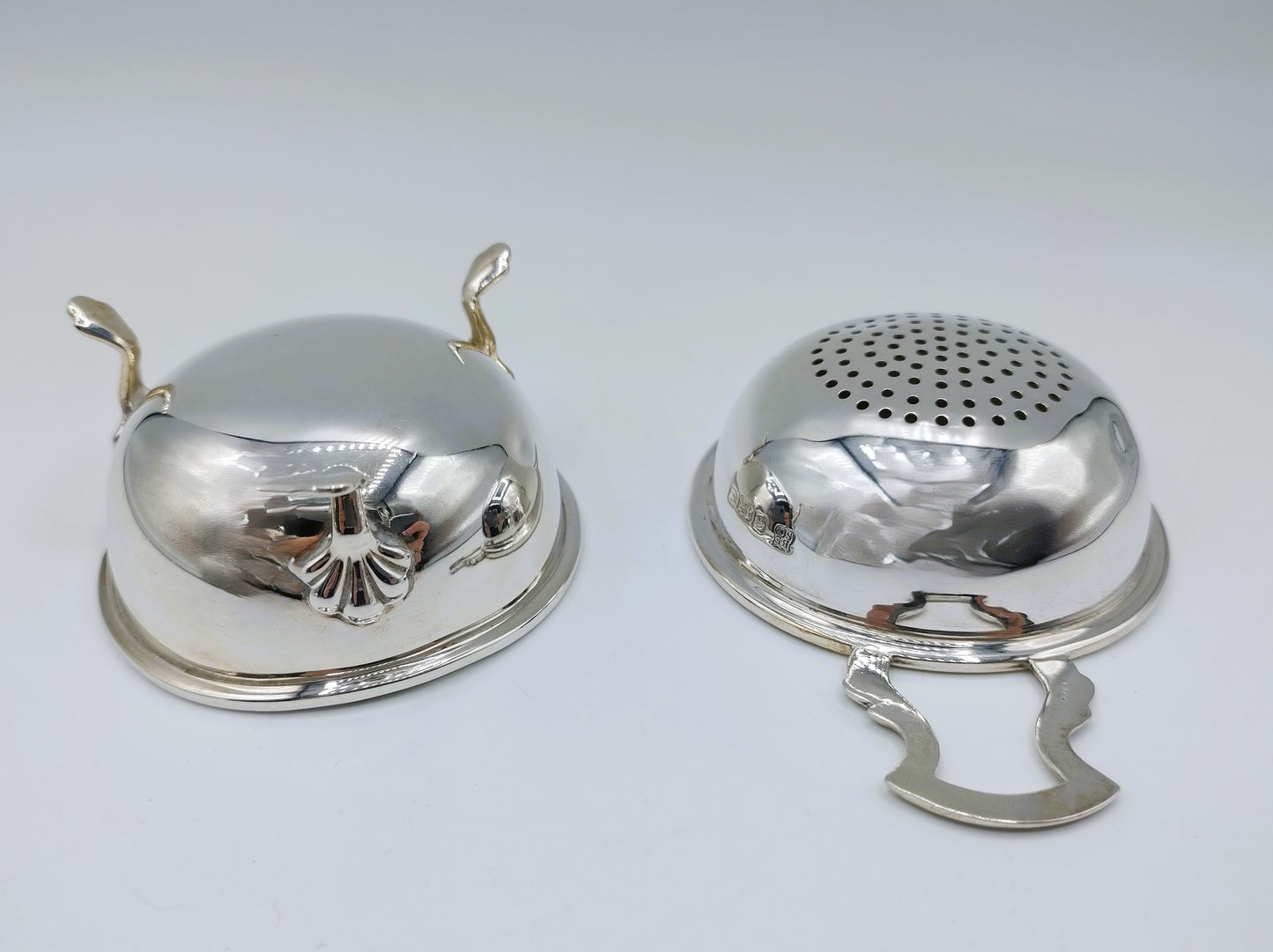 Silver tea strainer and drip tray, Barker Ellis Silver Co, Sheffield, 1979