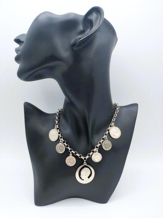 Zilveren jasseronketting met wilhemina munten, 77 cm