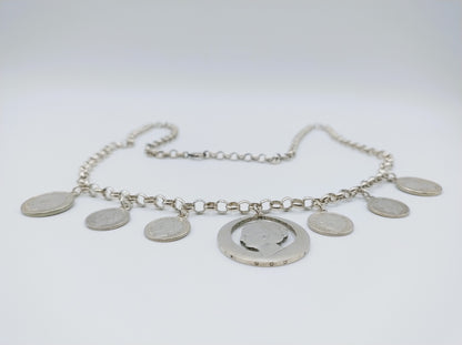 Silver jasseron chain with Wilhelmina coins, 77 cm