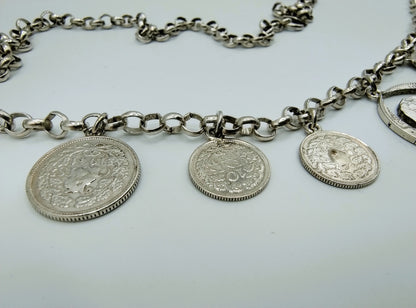 Silver jasseron chain with Wilhelmina coins, 77 cm