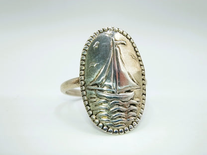 Silver vintage ring with sailing boat, DJ Deumers, Schoonhoven, 18 mm
