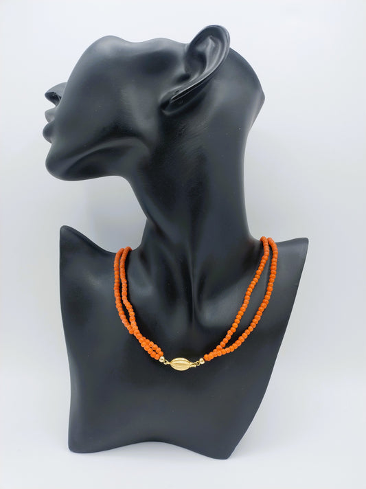 Blood coral necklace, 2 strands, with gold clasp, 48 cm