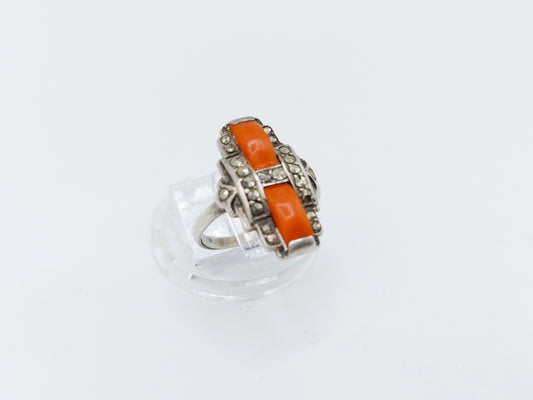 Zilveren ring, bloedkoraal met markasieten, 17 mm