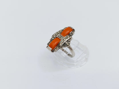 Zilveren ring, bloedkoraal met markasieten, 17 mm