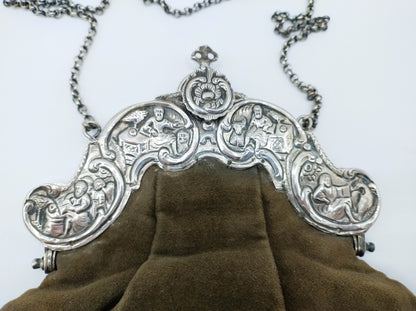 Zilveren tasbeugel met fluwelen tas, A. Offringa, Huizum, 1797