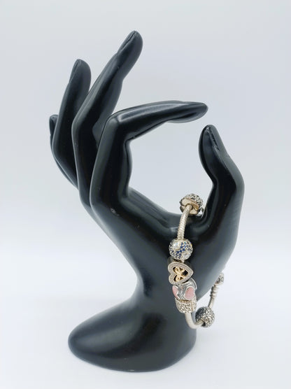 Zilveren pandora armband, 7 bedels, 18 cm