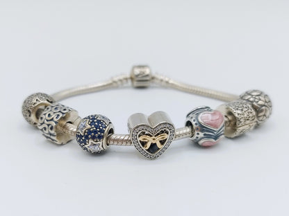 Zilveren pandora armband, 7 bedels, 18 cm
