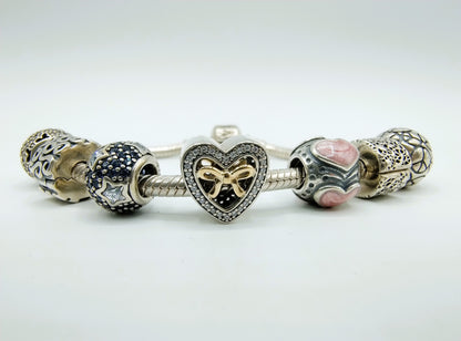 Zilveren pandora armband, 7 bedels, 18 cm
