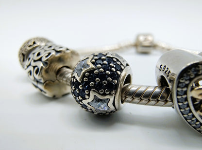 Zilveren pandora armband, 7 bedels, 18 cm