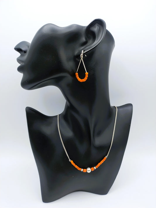 Zilveren ketting en oorbellen met bloedkoraal, 42 cm