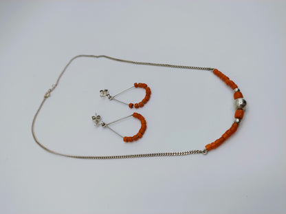Zilveren ketting en oorbellen met bloedkoraal, 42 cm