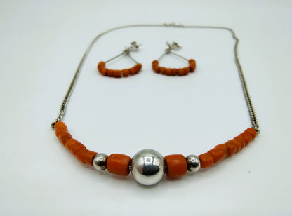 Zilveren ketting en oorbellen met bloedkoraal, 42 cm