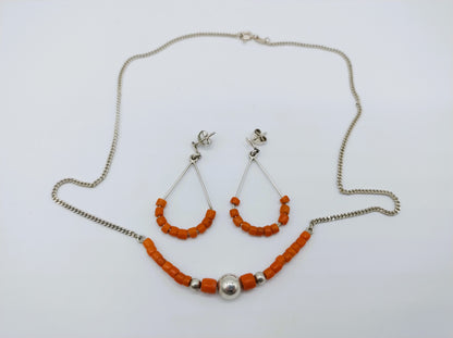 Zilveren ketting en oorbellen met bloedkoraal, 42 cm