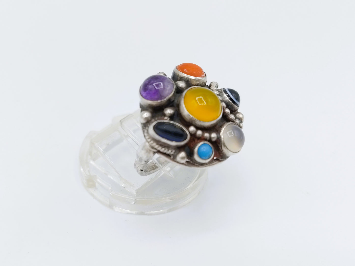 Silver ring with various colored stones, 16 mm